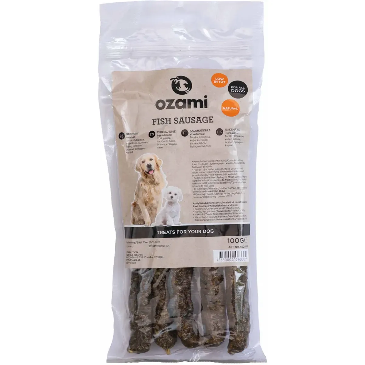 Ozami Dog Snack Fish Sausage 100g | Naturlig Fiskepølse